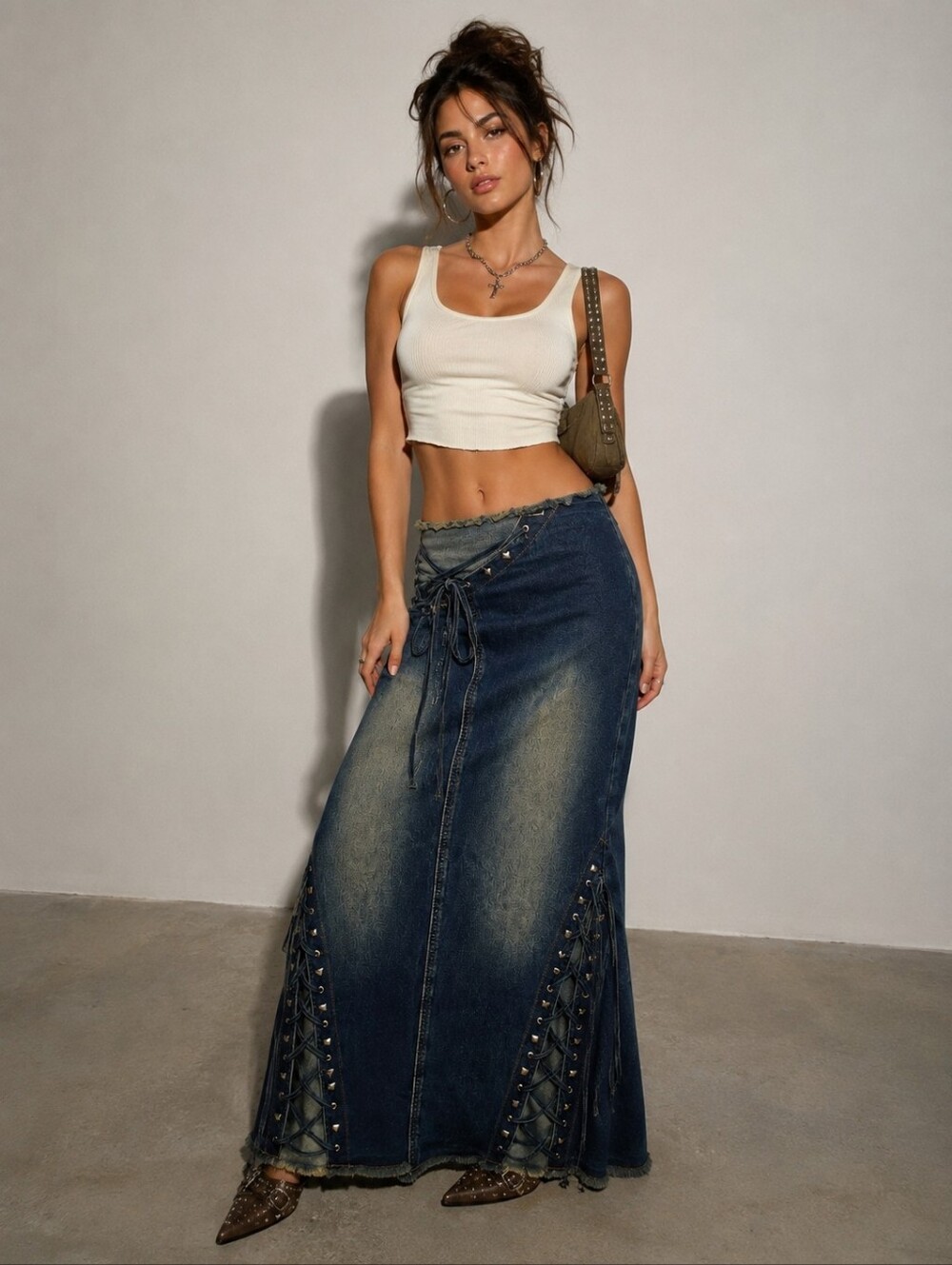 Y2K 90's Boho Lace-Up Maxi Denim Jean Skirt Sm Raw Hem Hippie Festival